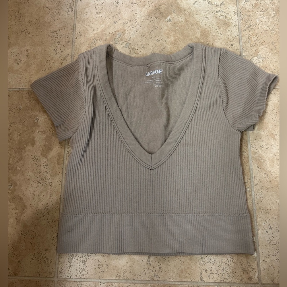 Garage Women's Beige Ribbed V-Neck Tee
